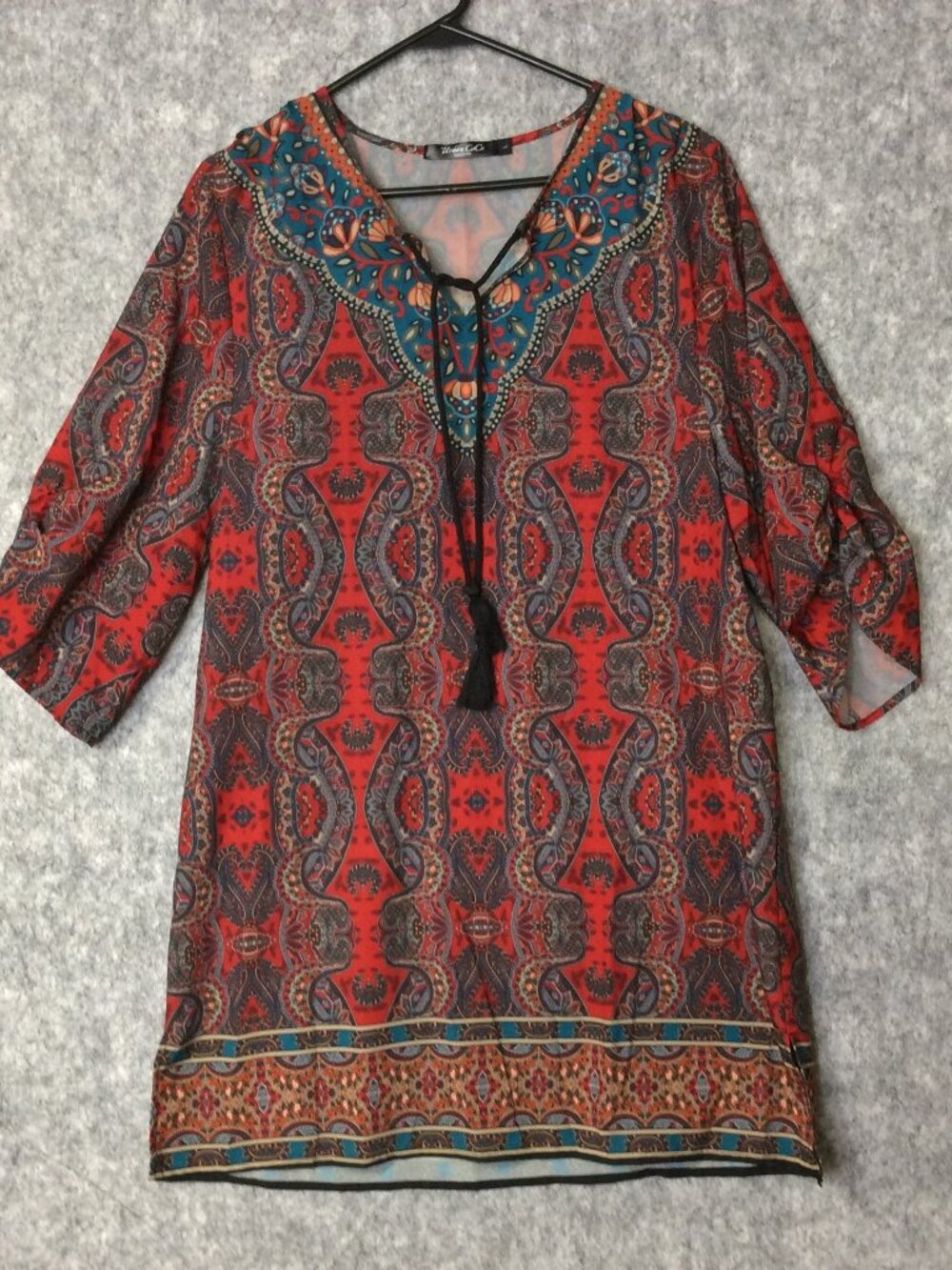 Urban Coco Shirred Ruched 3/4 Sleeve Tie At Neck Tunic Dress Maroon Red Sz Large